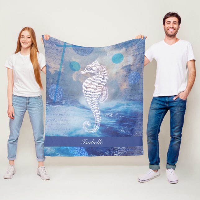 Elegantes Vintages Seepferd Blue Ocean Waves Name Fleecedecke (Beispiel)
