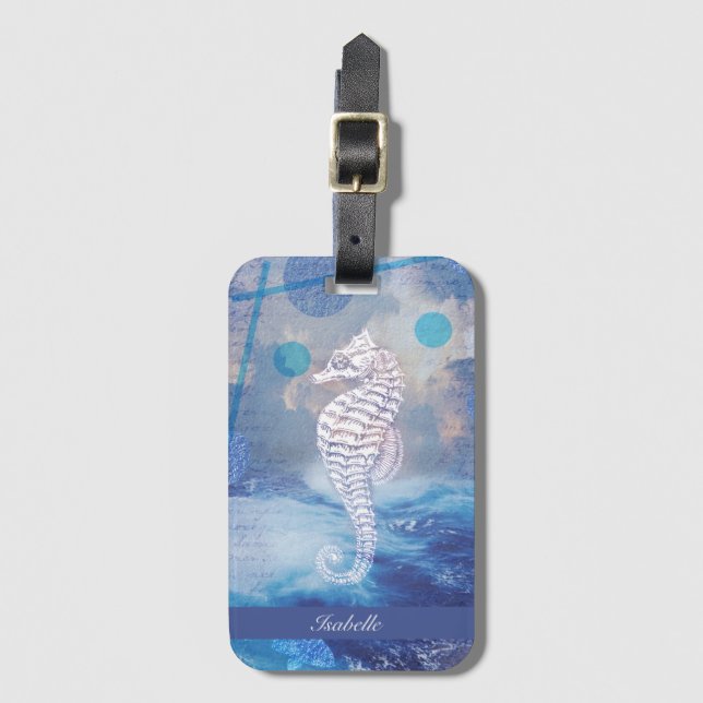 Elegantes Vintages Seepferd Blue Ocean Waves Name Gepäckanhänger (Vorderseite Vertikal)