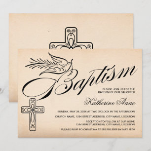 Elegantes Vintages Skriptkreuz und Taubentaufe Einladung