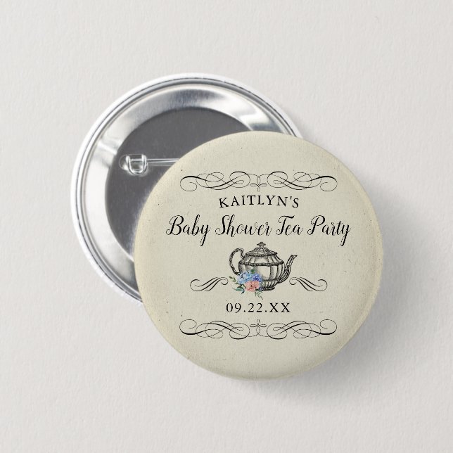 Elegantes Vintages Tea Party | Babydusche Button (Vorne & Hinten)