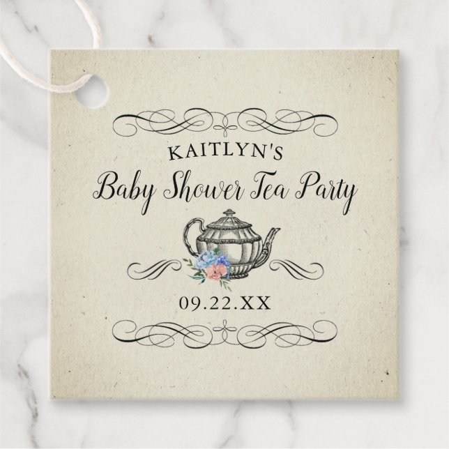Elegantes Vintages Tea Party | Babydusche Geschenkanhänger (Vorderseite)