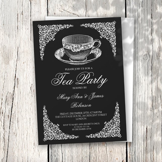 Elegantes Vintages Tea Party Schwarz Einladung (Von Creator hochgeladen)