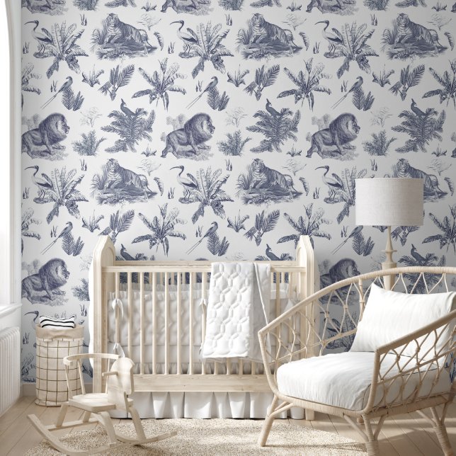Elegantes Vintages Tropical Animal Blue Toile Tapete (Kinder)