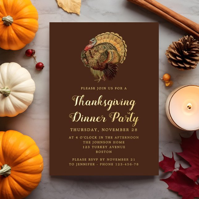 Elegantes Vintages Türkei Erntedank Dinner Gold Folieneinladung (Elegant Vintage Turkey Thanksgiving Dinner Gold Foil Invitation)