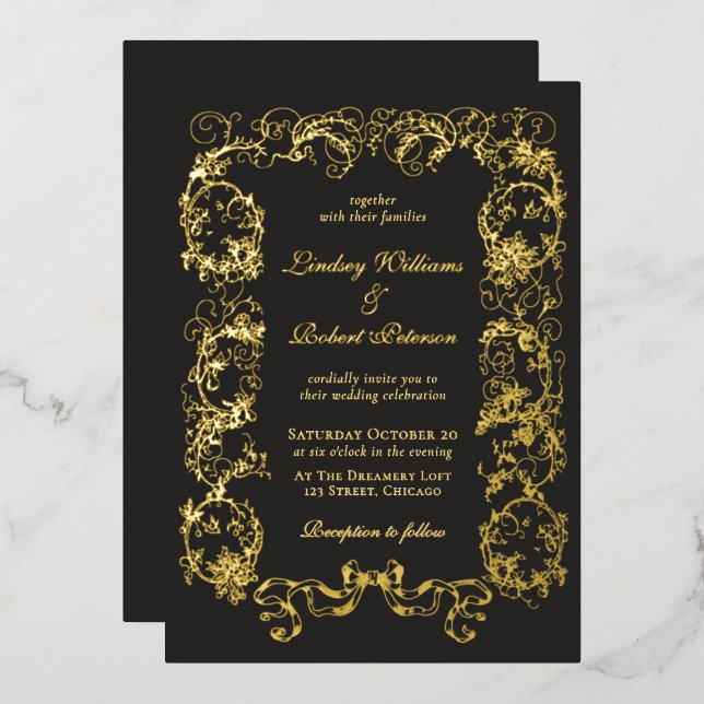 Elegantes Vintages Verziertes Schwarzes Gold Folieneinladung (Vorderseite/Rückseite)