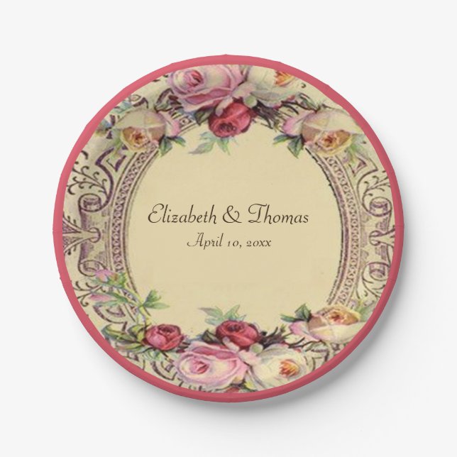 Elegantes Vintages Viktorianisch rosa Rosenpapier Pappteller (Vorderseite)