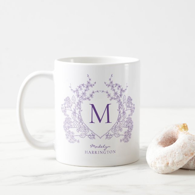 Elegantes Vintages Violet Floral Wappen Monogramm Kaffeetasse (Mit Donut)