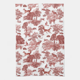 Elegantes Vintages Waldland Fox Rabbit Rot Toile Geschirrtuch