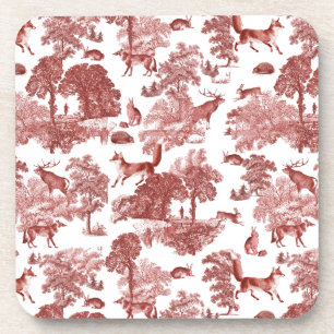 Elegantes Vintages Waldland Fox Rabbit Rot Toile Getränkeuntersetzer
