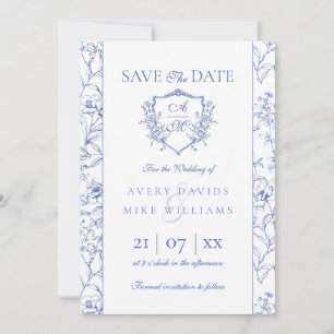 Elegantes Vintages Wappen Dusty Blue Floral Weddin Save The Date