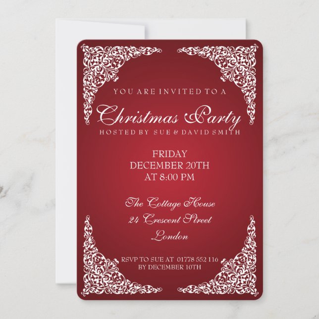 Elegantes Vintages Wirbels-WeihnachtsParty-Rot Einladung (Vorderseite)