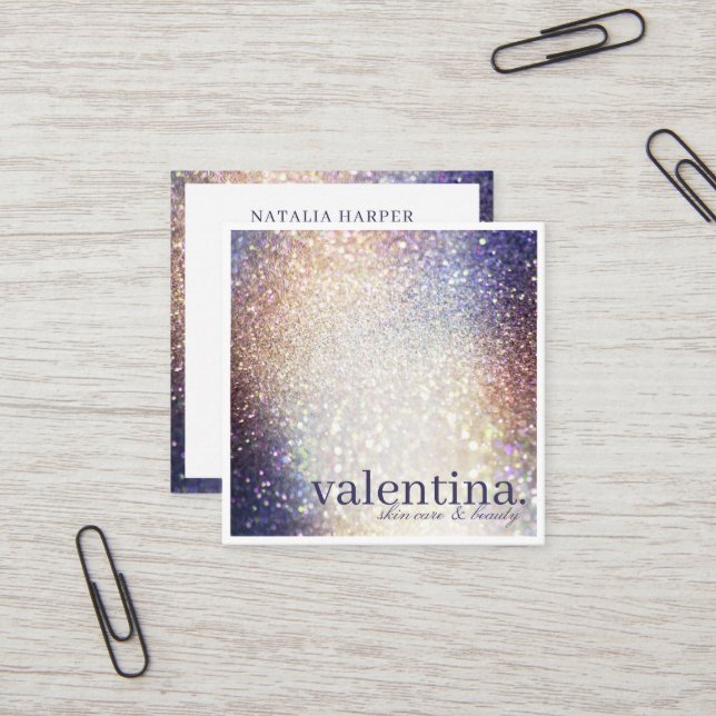 Elegantes Violet & Champagner Glitzer Beauty Makeu Quadratische Visitenkarte (Vorderseite/Rückseite Beispiel)