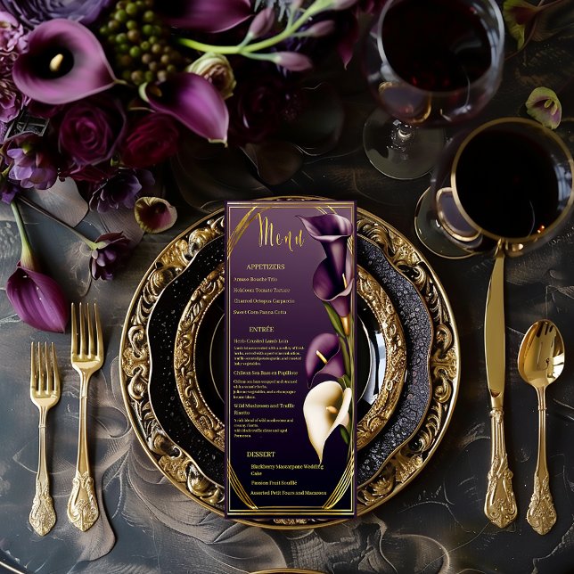Elegantes Violet Lila und Gold Calla Lily Wedding Menükarte (Elegant Violet Purple and Gold Calla Lily Wedding Menu)