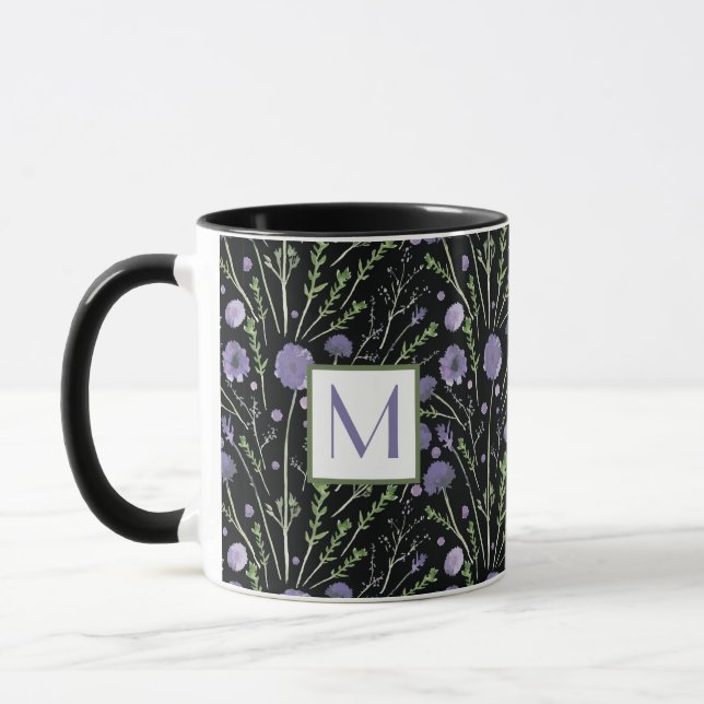 Elegantes Violett-Blumenmonogramm Tasse (Links)