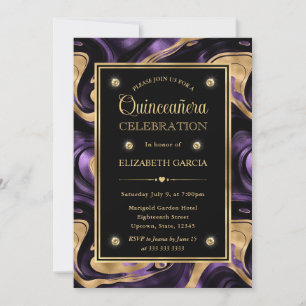Elegantes Violettes Goldfolien-Marmor-Quinceanera Einladung