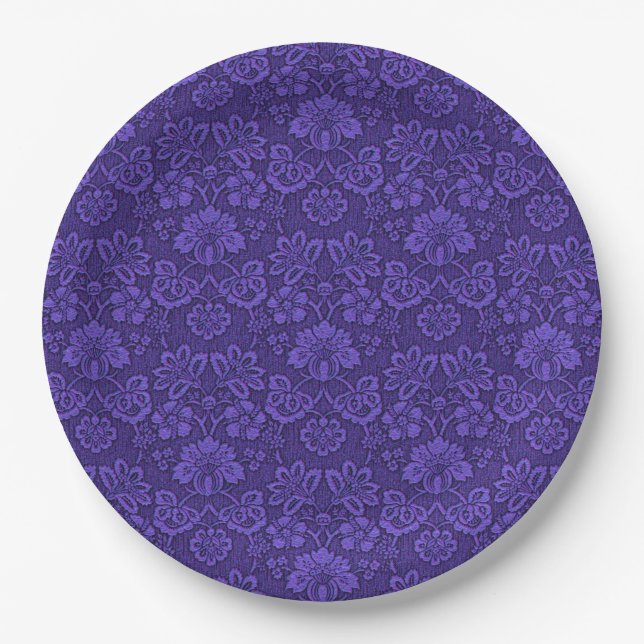 Elegantes violettes Vintage-Damaskmuster Pappteller (Vorderseite)