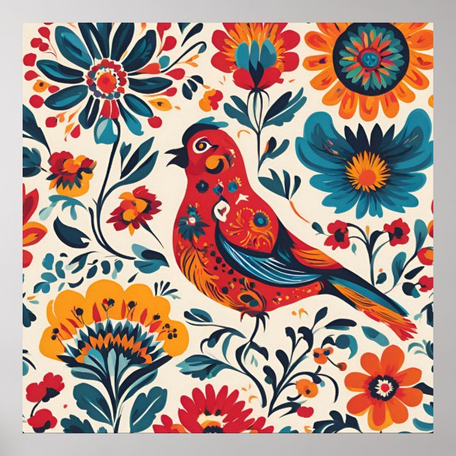 Elegantes Vogeldesign im polnischen Folk Art Style Poster (Vorne)