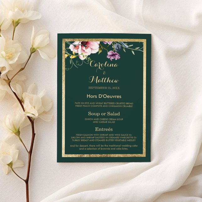 Elegantes waldgrünes goldfarbenes Blumenmenü Menükarte (Elegant forest green gold pink floral Wedding Menu )