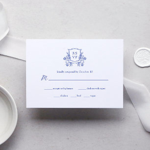 Elegantes Wappen   Blaue und weiße Hochzeitsmahlze RSVP Karte