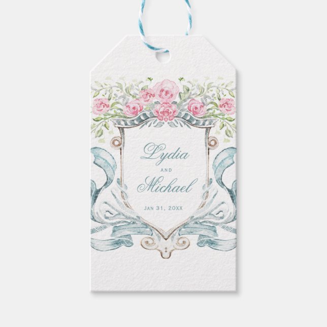 Elegantes Wappen der Rose mit Bow | Hochzeit Geschenkanhänger (Vorderseite)