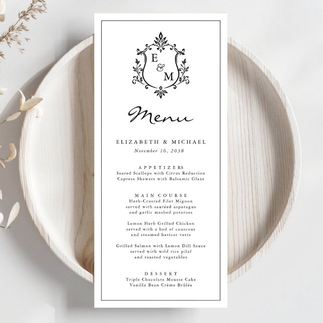 Elegantes Wappen-Hochzeitsmenü mit Monogramm Programm (Elegant Monogram Crest Wedding Menu)