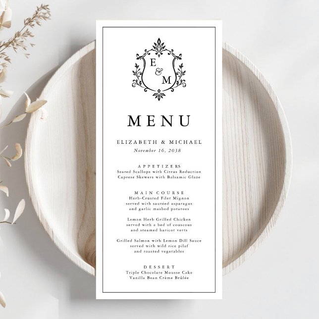 Elegantes Wappen-Hochzeitsmenü mit Monogramm Programm (Elegant Monogram Crest Wedding Menu)