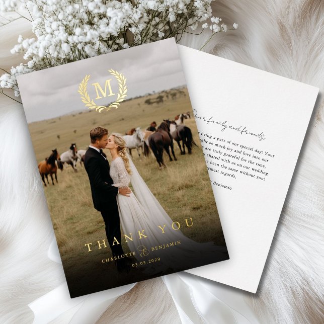 Elegantes Wappen Monogram 1 Foto Vielen Dank für I Folieneinladung (Elegant Crest Monogram 1 Photo Thank You Wedding Foil Invitation)