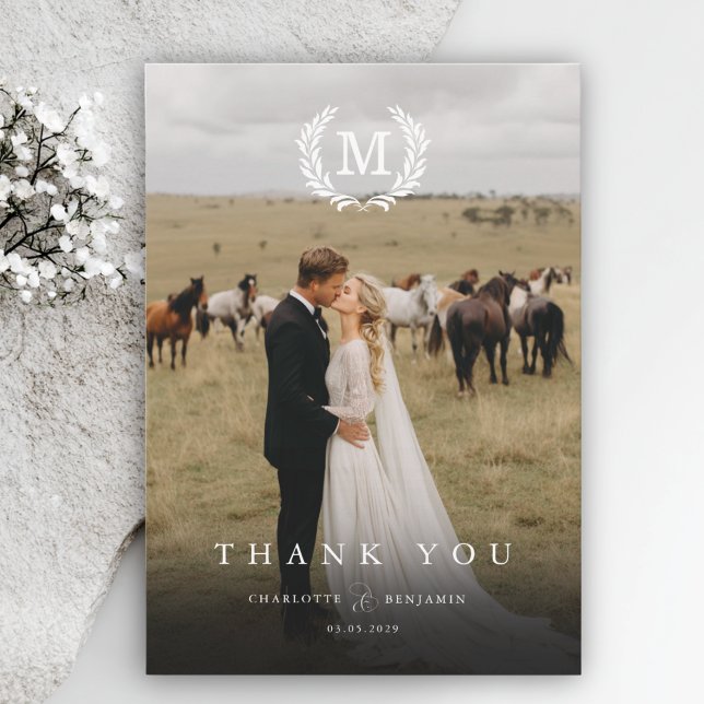 Elegantes Wappen Monogram 2 Foto Danke Karte (Elegant Crest Monogram 2 Photo Thank You Card)