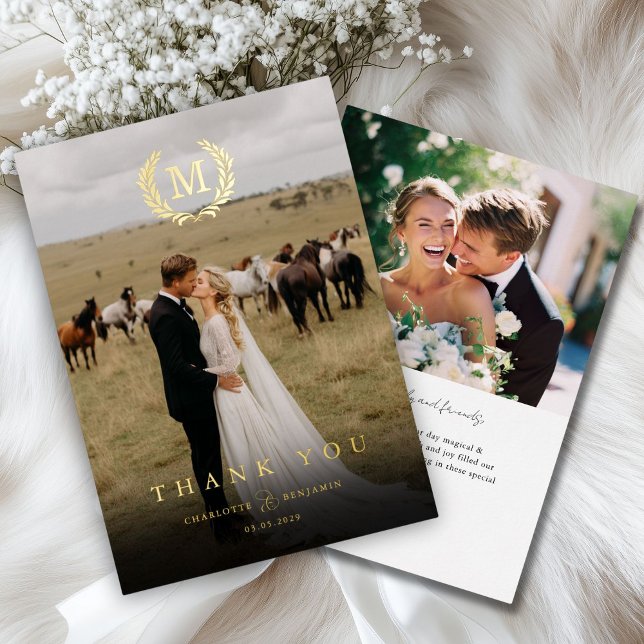 Elegantes Wappen Monogram 2 Foto Vielen Dank für I Folieneinladung (Elegant Crest Monogram 2 Photo Thank You Wedding Foil Invitation)