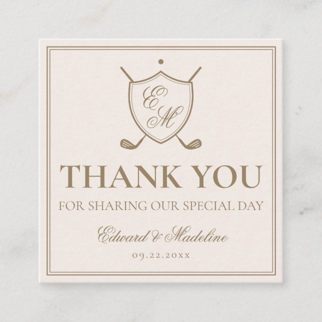 Elegantes Wappen Monogram Golf Gastgeschenk Hochze Quadratische Visitenkarte (Vorderseite)