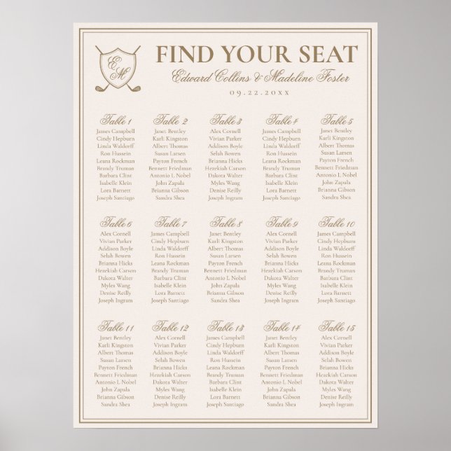 Elegantes Wappen Monogram Golf Wedding Seating Cha Poster (Vorne)