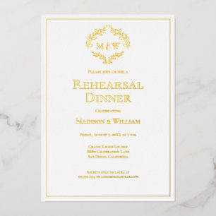 Elegantes Wappen Monogram Hochzeit Probe Dinner Folieneinladung