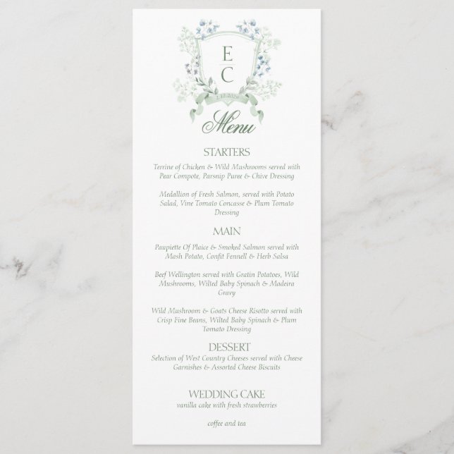 Elegantes Wappen Monogram Wedding Menükarte (Vorderseite)