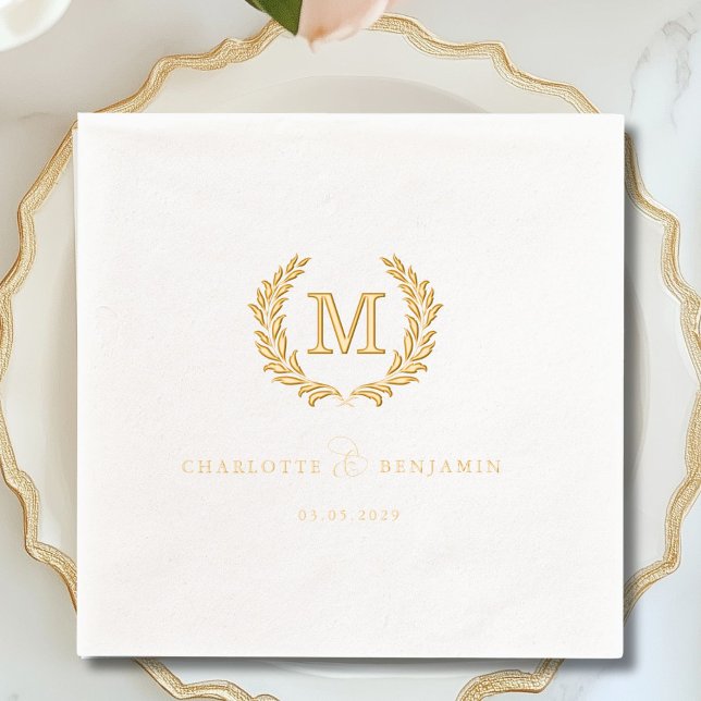 Elegantes Wappen Monogram White Wedding Servietten Mit Folie (Elegant Crest Monogram White Wedding Foil Napkins)