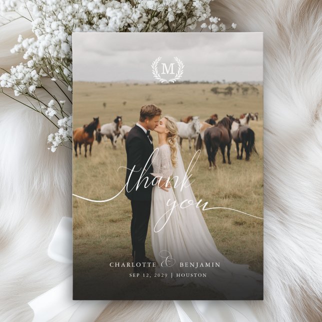 Elegantes Wappen Monogramm 2 Foto Dankeskarte (Elegant Crest Monogram 2 Photo Thank You Card)