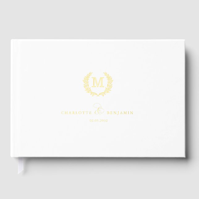 Elegantes Wappen-Monogramm Hochzeit Weiß Gästebuch (Vorderseite)