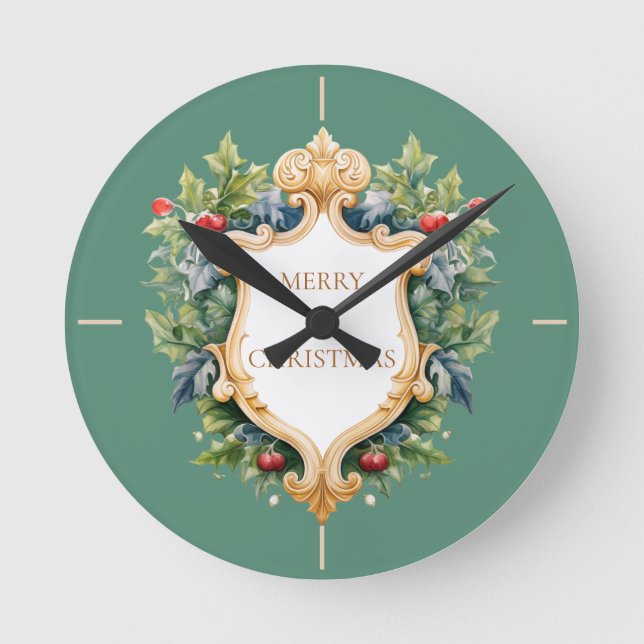 Elegantes Wappen Weihnachtskarte Runde Wanduhr (Vorderseite)