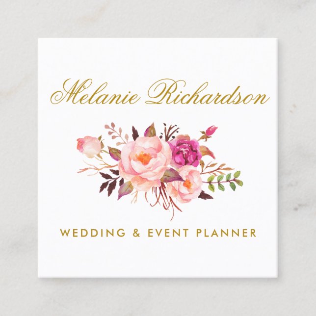 Elegantes Wasser Rosa Blüten und Gold Quadratische Visitenkarte (Vorderseite)