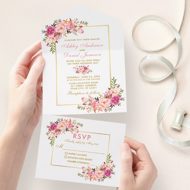 Elegantes Wasser Rosa Rosa Rosa Blush Floral Gold All In One Einladung (All In One Wedding Invitation with tear off RSVP Card)