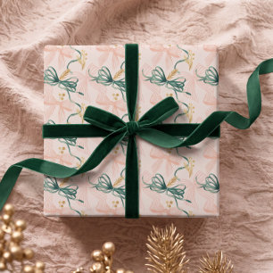 Elegantes Wasserfarbe-Rosa- und Grün-Schleifen-Wei Geschenkpapier