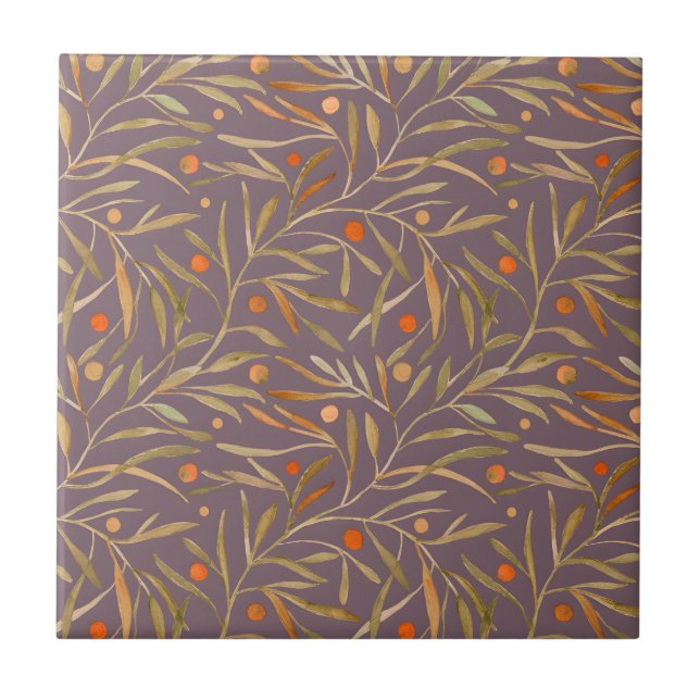 Elegantes Wasserfarben-Blattmuster mit violettem H Fliese (Vorderseite)