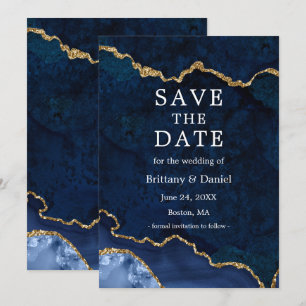 Elegantes Wasserfarben Blau-Gold-Marmor-Achat-Geod Save The Date