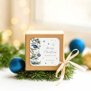 Elegantes Wasserfarben Blau-Weiß-Weihnachtsornamen Quadratischer Aufkleber