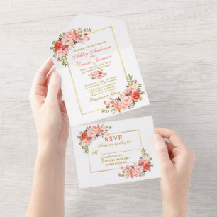 Elegantes Wasserfarben-Blumen-Korallen-Gold All In One Einladung