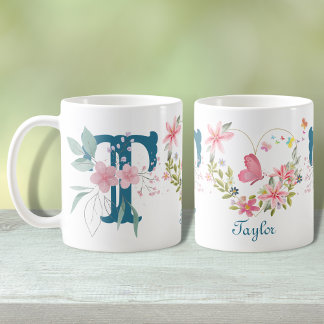 Elegantes Wasserfarben-Blumen-Schmetterling-Monogr Kaffeetasse