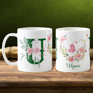 Elegantes Wasserfarben-Blumen-Schmetterling-Monogr Kaffeetasse