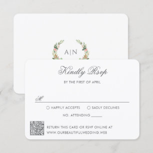 Elegantes Wasserfarben-Blumenwappen QR-Code Hochze RSVP Karte