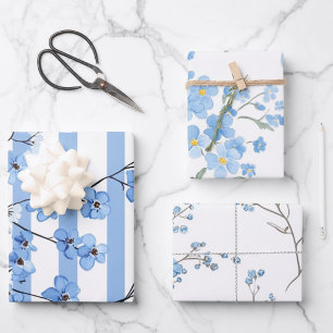 Elegantes Wasserfarben-Blütenmuster-Design in Blau Geschenkpapier Set