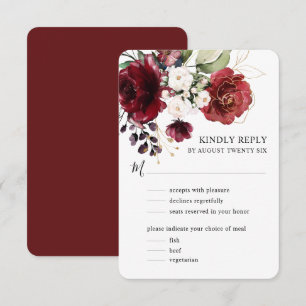 Elegantes Wasserfarben-Gold-Burgunder-Blumenmuster RSVP Karte