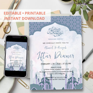 Elegantes Wasserfarben-Lavendel-Moschee-Iftar-Dinn Einladung